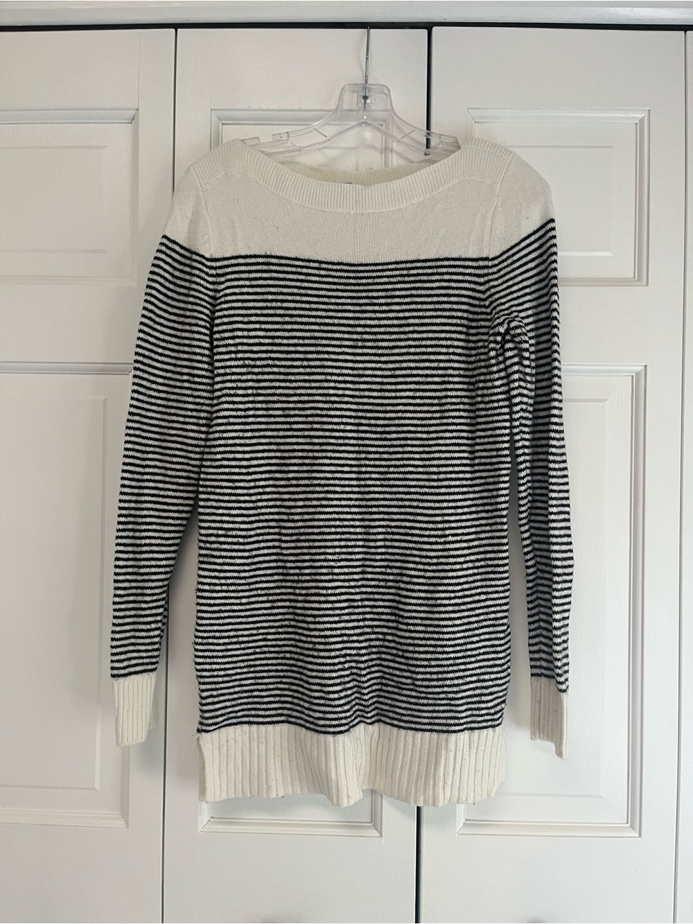 LOFT Outlet Striped Boatneck Sweater Small Black Ivory